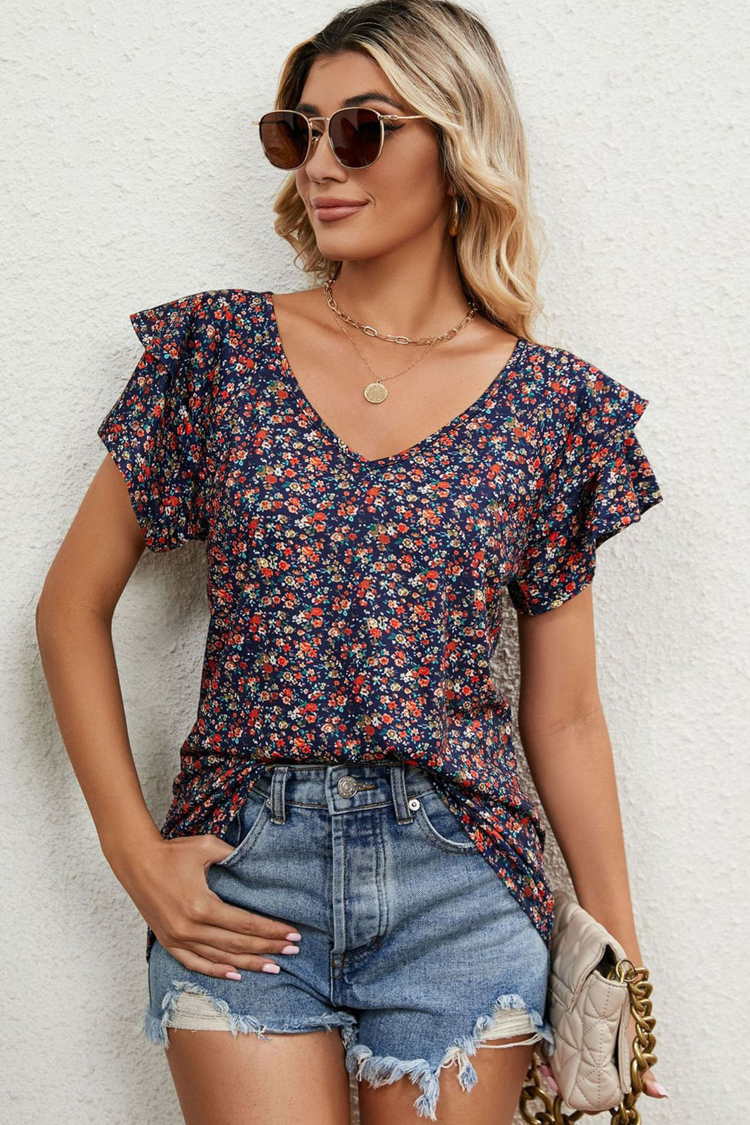 Navy Floral Babydoll Top