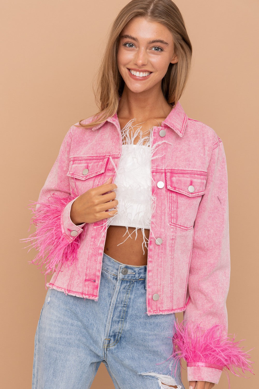 Hot Pink Fur Denim Jacket