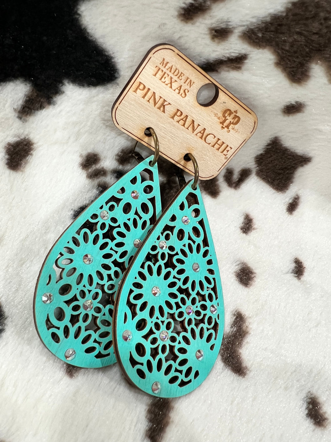 Pink Panache Turquoise Wood Floral Earrings