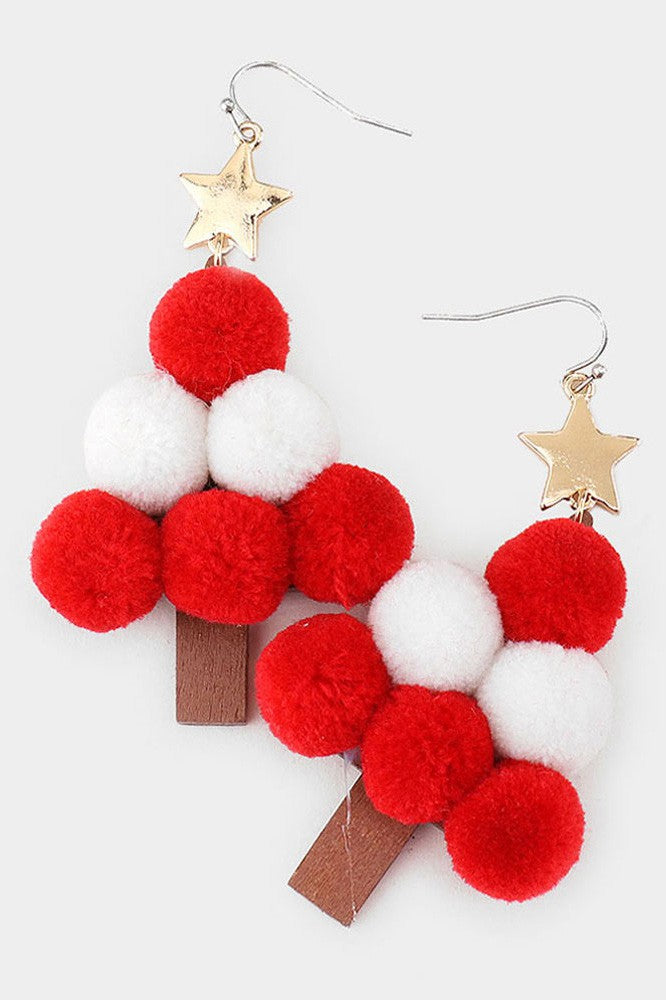 Red & White Christmas Tree Pom Pom Earrings
